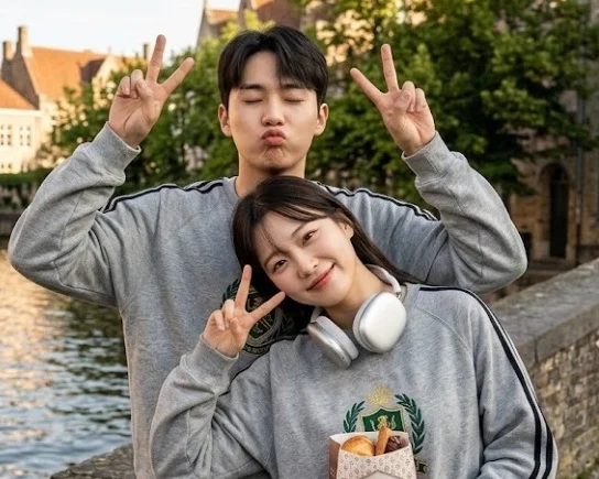 여행지에서 브이를 그리는 밝은 연인