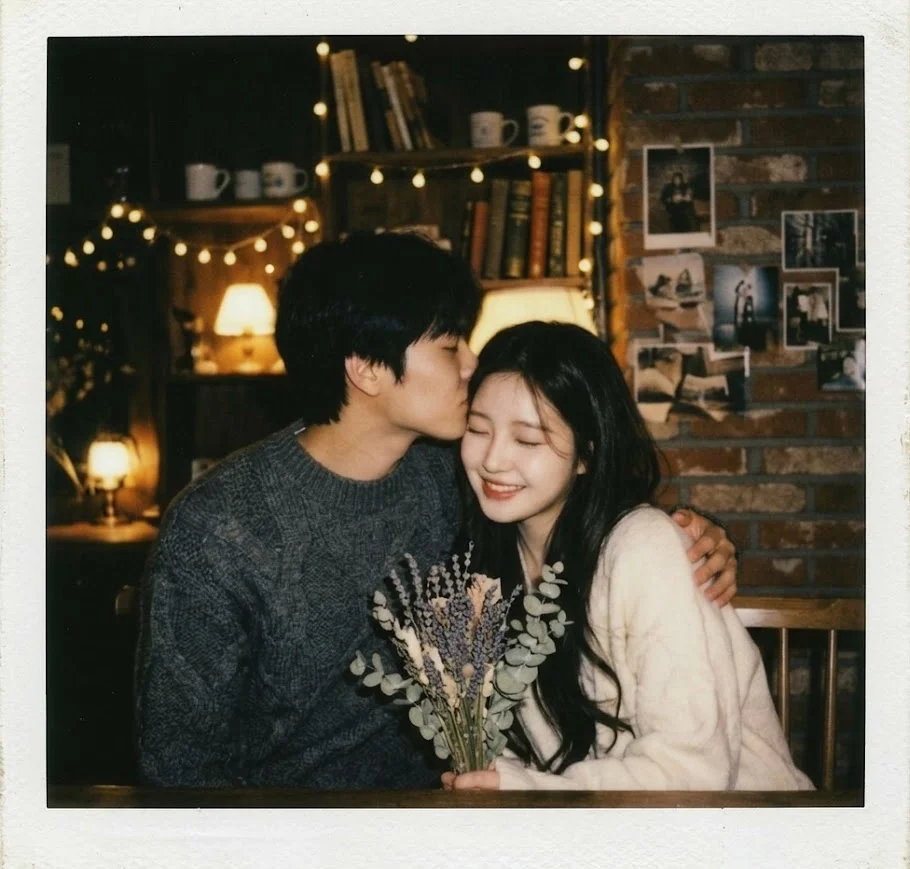이마에 입 맞추는, 폴라로이드 속 행복한 연인